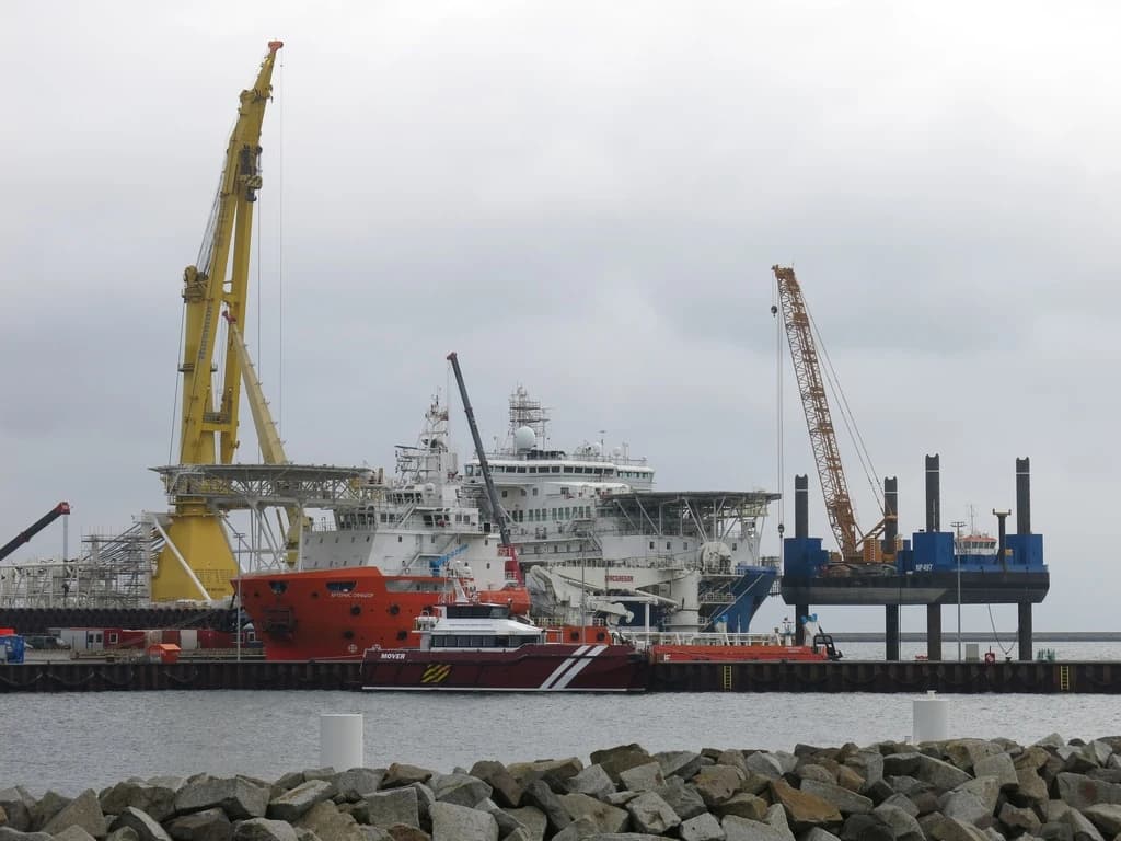Akademik Cherskiy and Artemis-Offshore vessels docked at Mukran port with cranes.