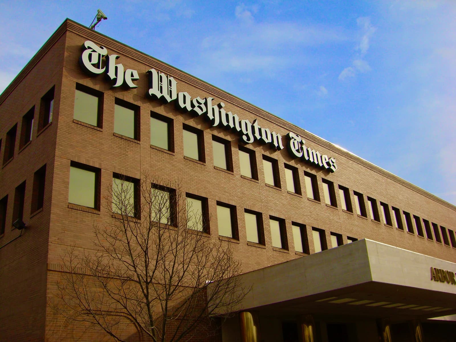 The Washington Times headquarters building with its name on the facade.