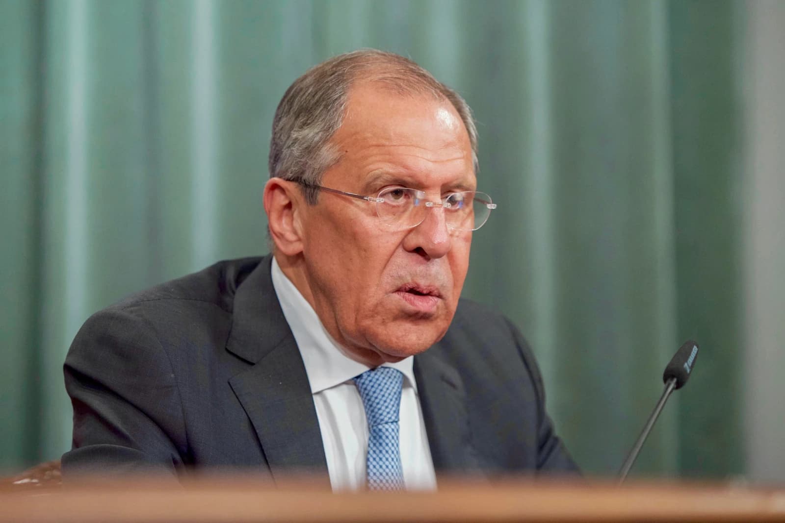 Sergey Lavrov, Russian Foreign Minister, speaks at a press conference.