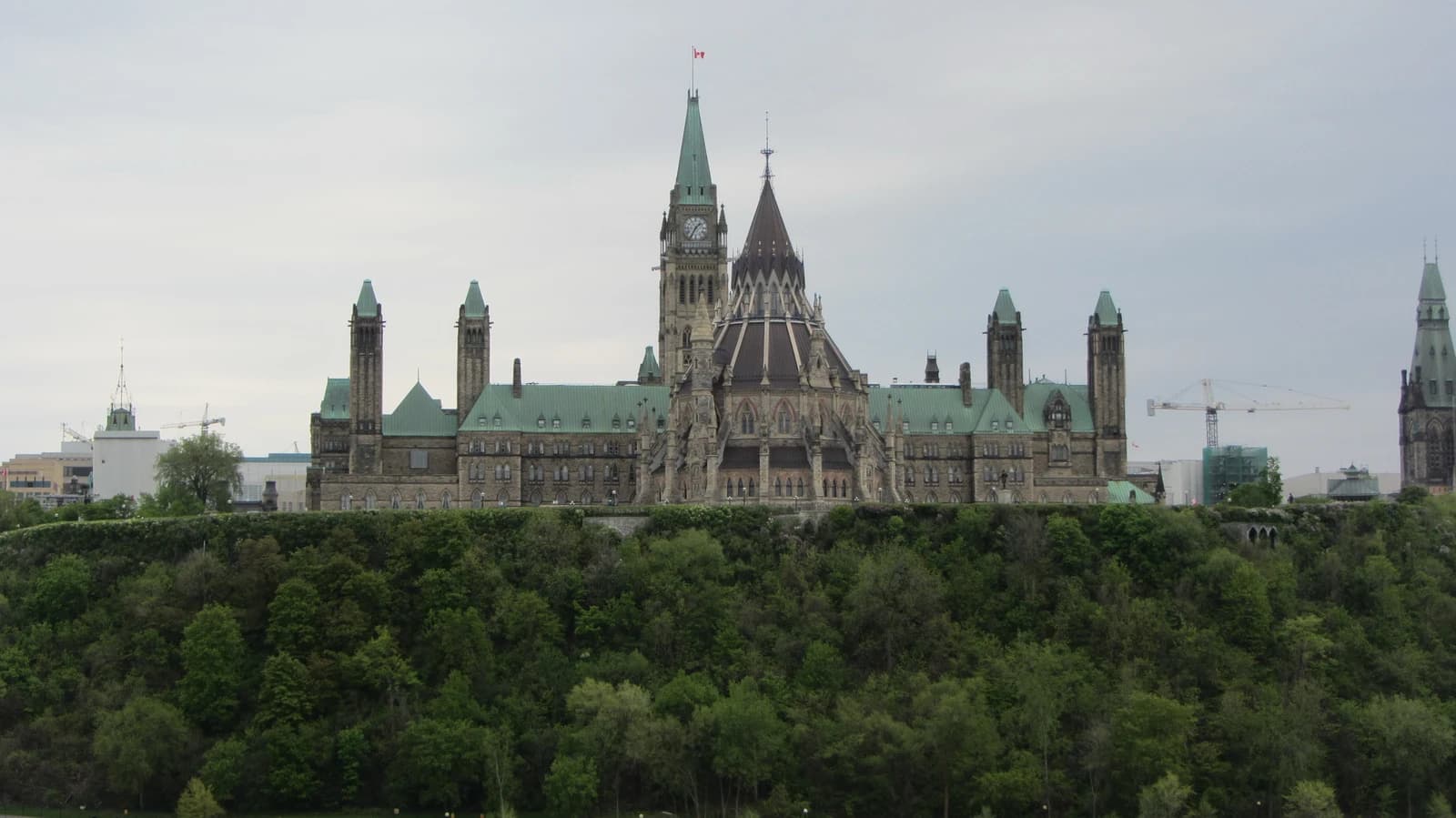 Parliament Hill in Ottawa, Canada, on a cloudy day.