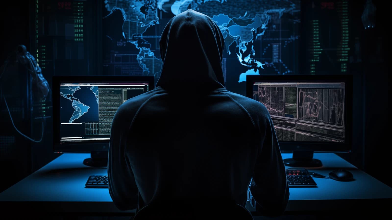 A person, seen from behind, sits in a dark room working on two computer monitors.