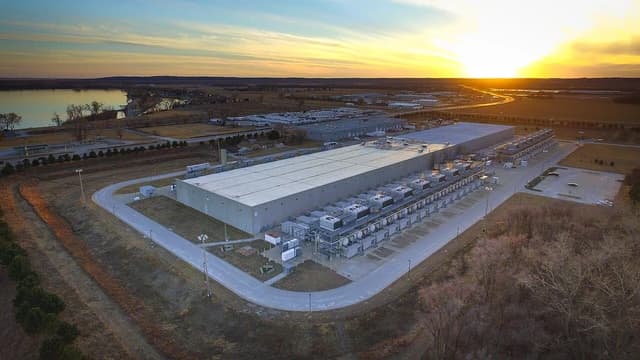 Aerial view of the Google Data Center in Council Bluffs, Iowa, at sunset.