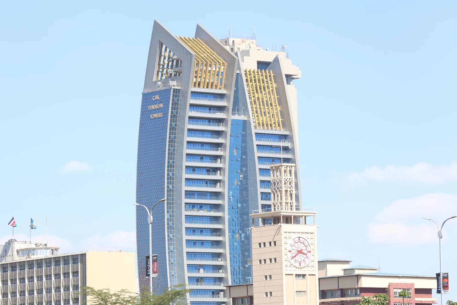 Central Bank of Kenya Pension Towers building, a modern high-rise, in Nairobi.