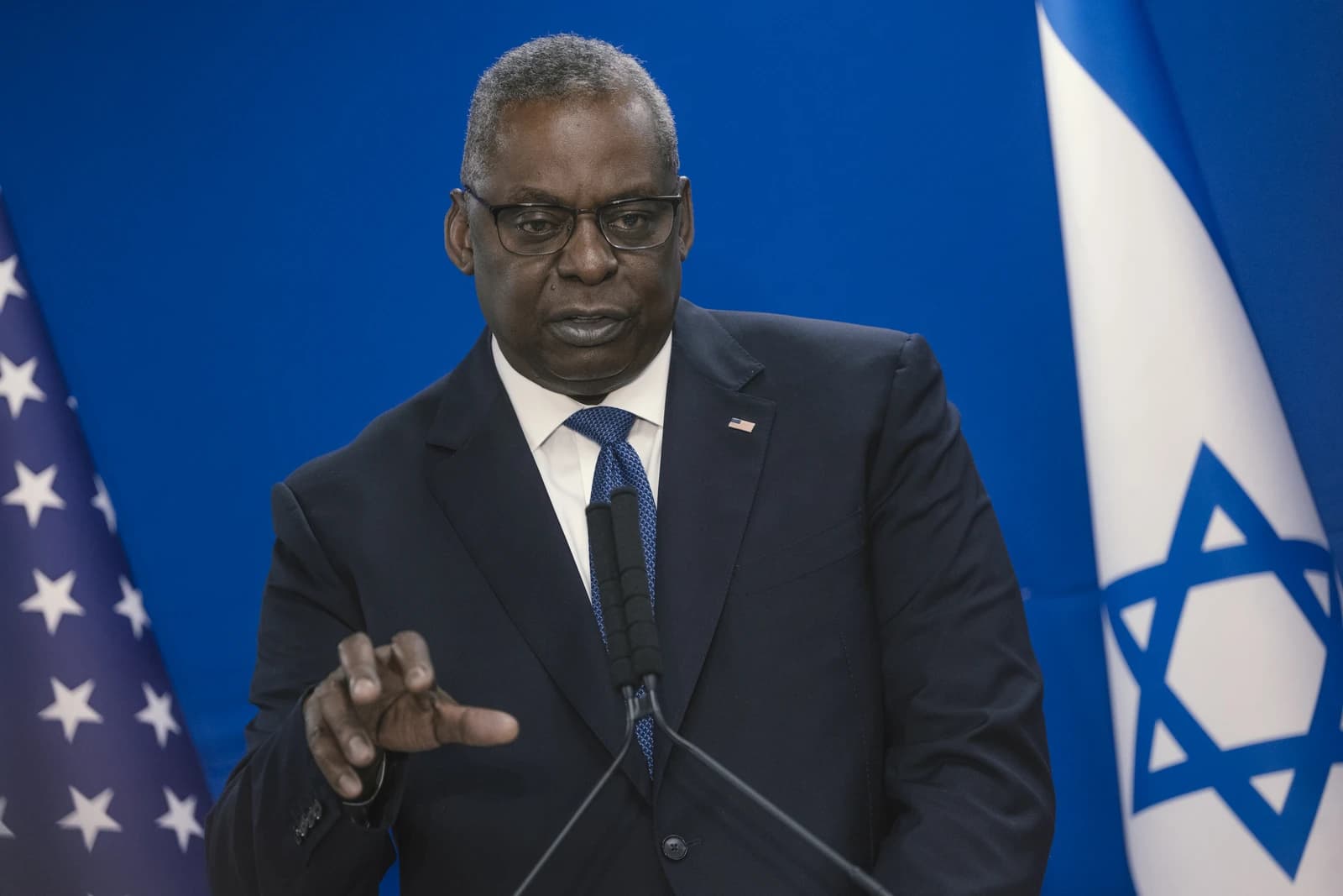 Lloyd Austin, US Secretary of Defense, speaks at a press conference.
