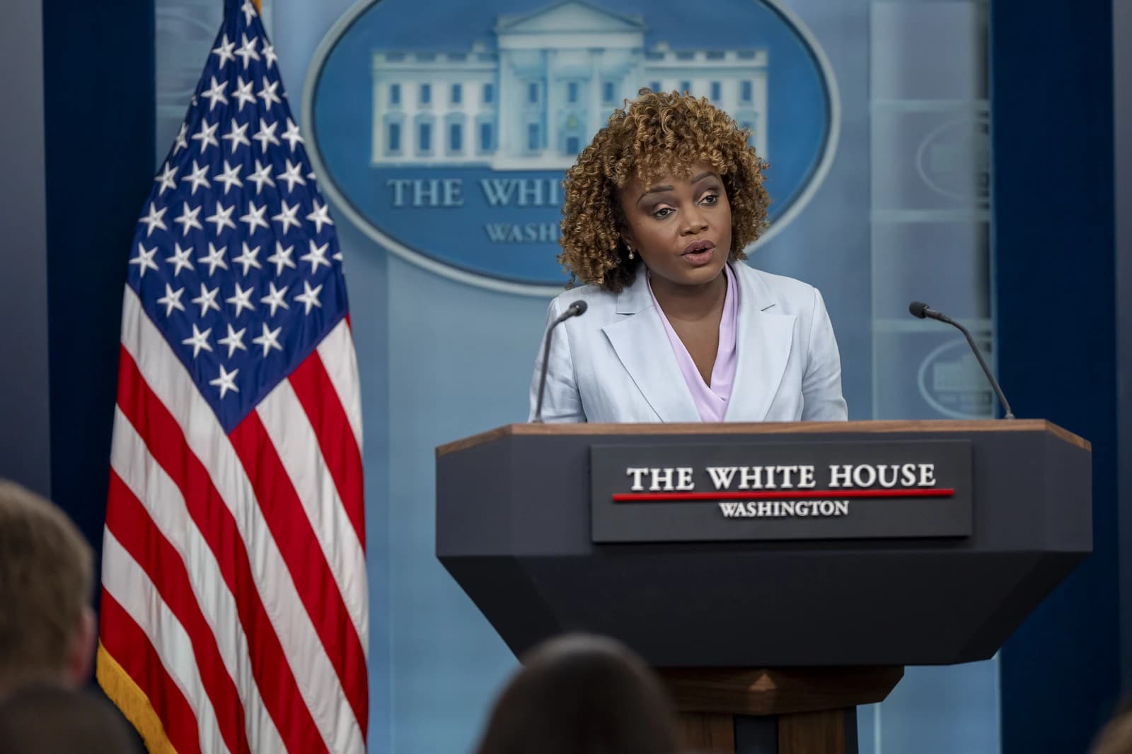 Karine Jean-Pierre, Press Secretary, speaks at a White House press briefing.