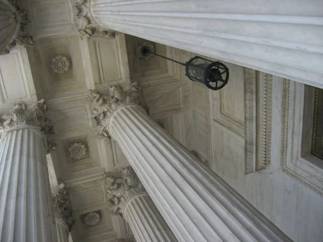 Decorative columns and ceiling inside the Supreme Court Building in Washington, D.C.