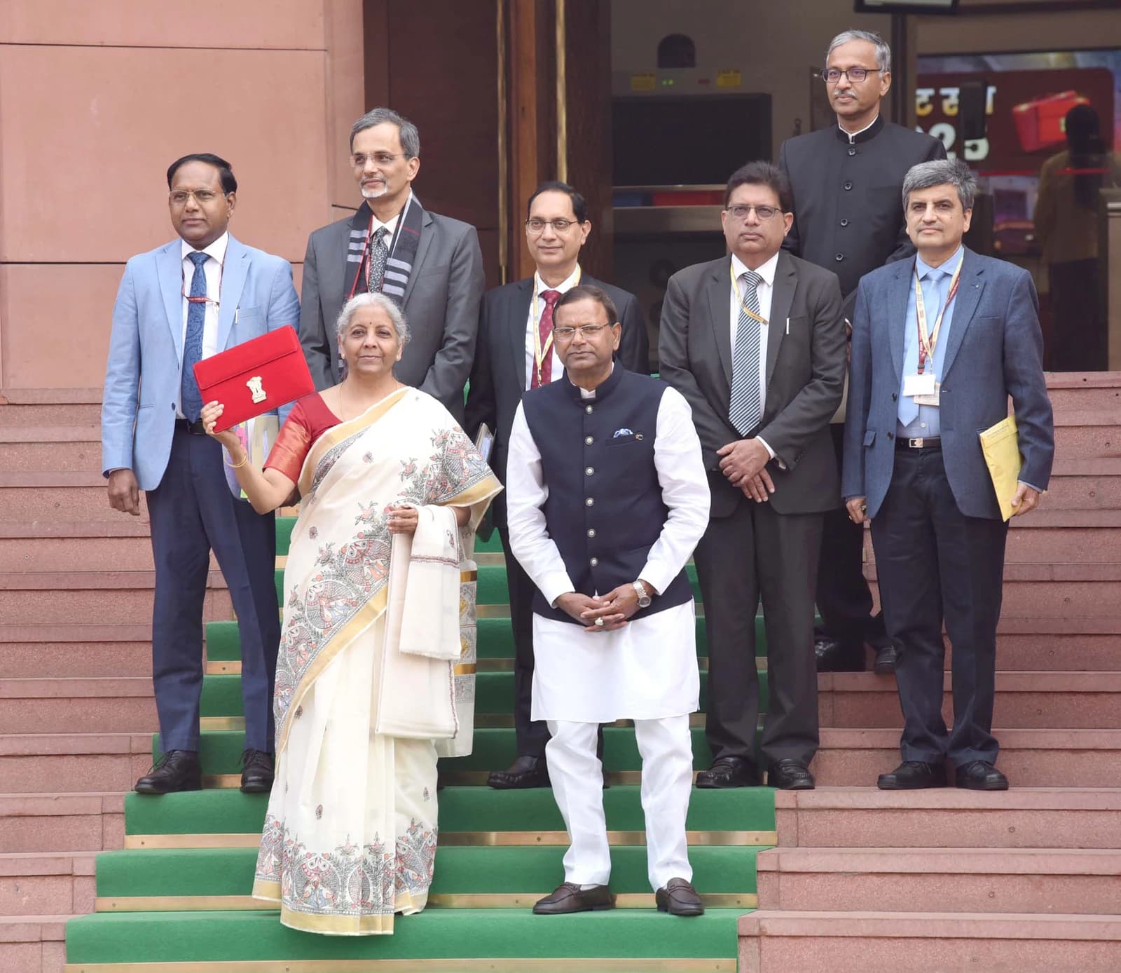 Finance Minister Nirmala Sitharaman holds a red budget brief with Ministry officials at Parliament.
