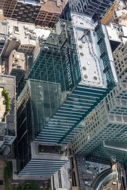 Aerial view of a Sydney office tower featuring glass facades and the name State Street.