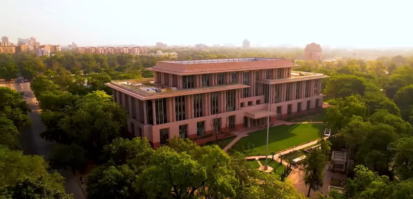 Aerial view of the New Ministry of Commerce and Industry building in New Delhi, India.