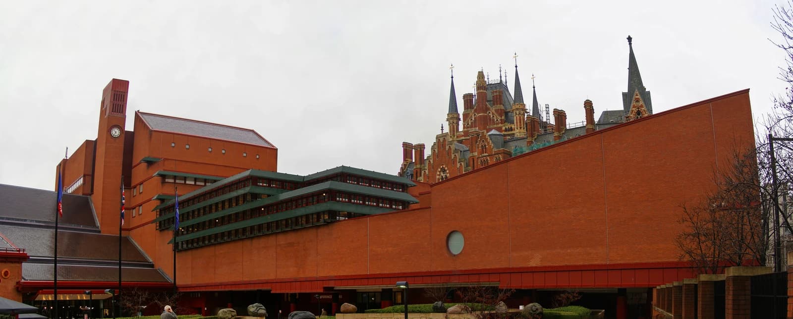 Exterior of The British Library building with St Pancras Hotel in background.