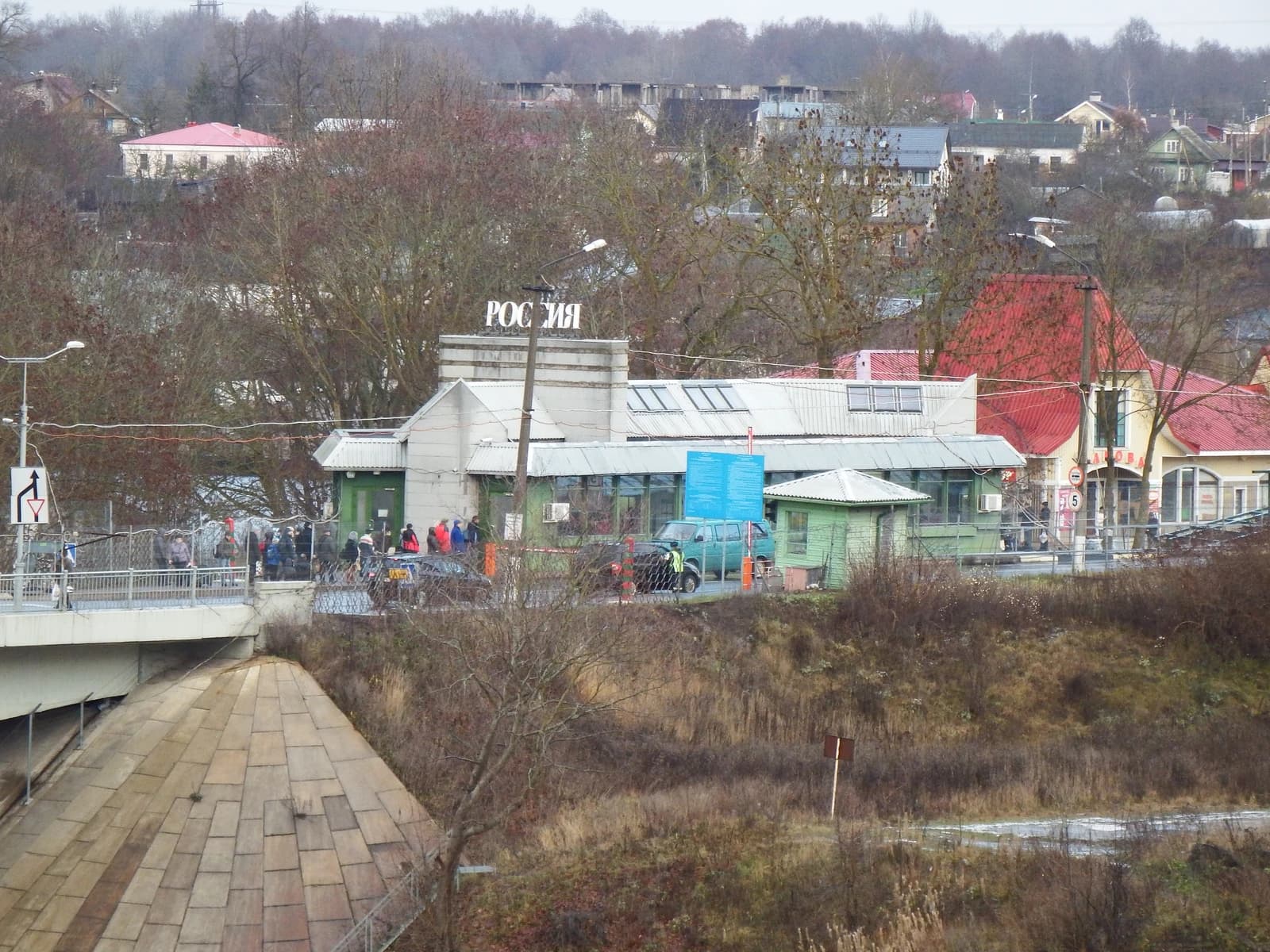 Buildings and a bridge at the Russian-Estonian border checkpoint Ivangorod.