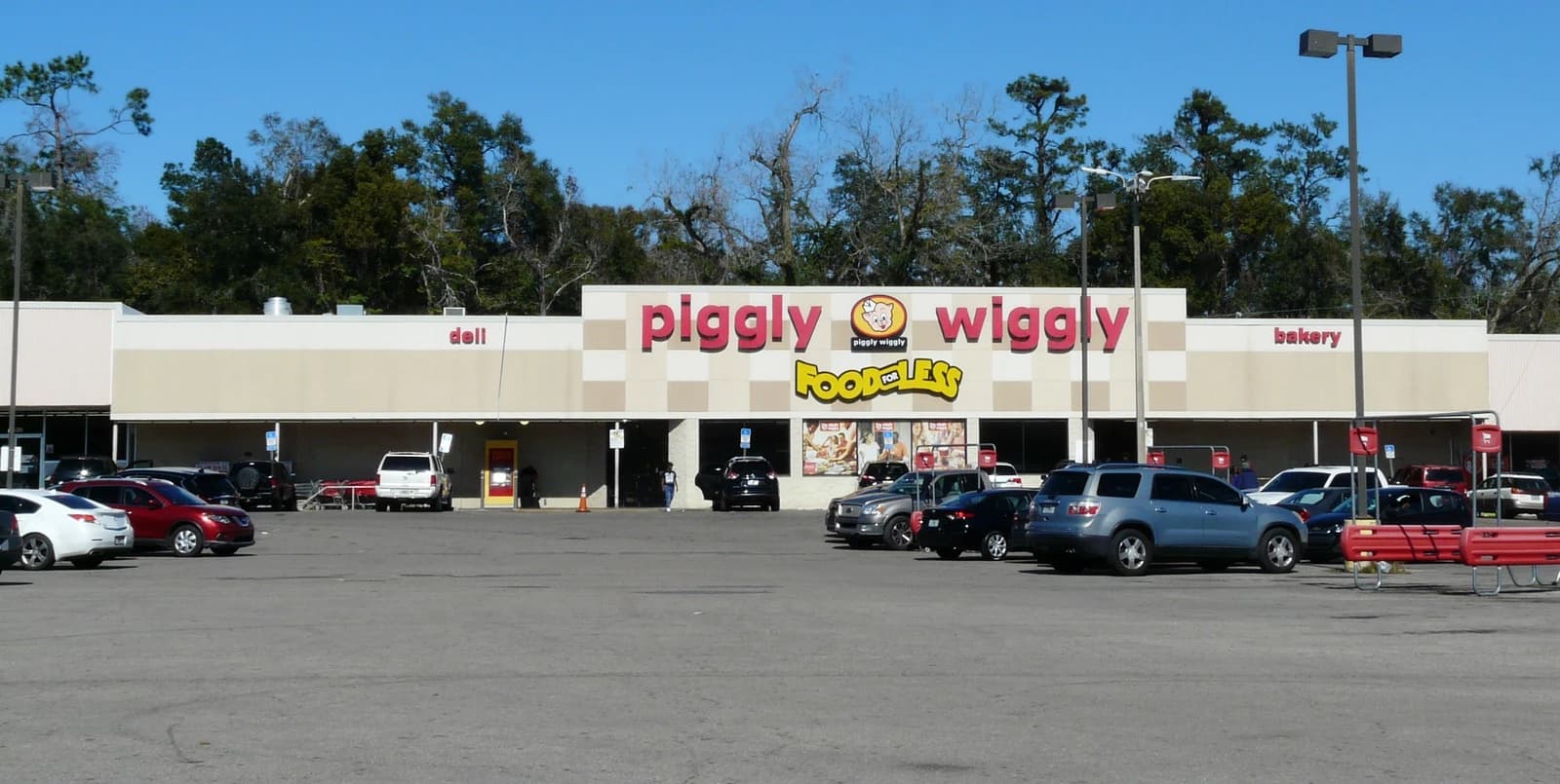 Piggly Wiggly Food for Less grocery store in Southside Shopping Plaza, with parked cars.