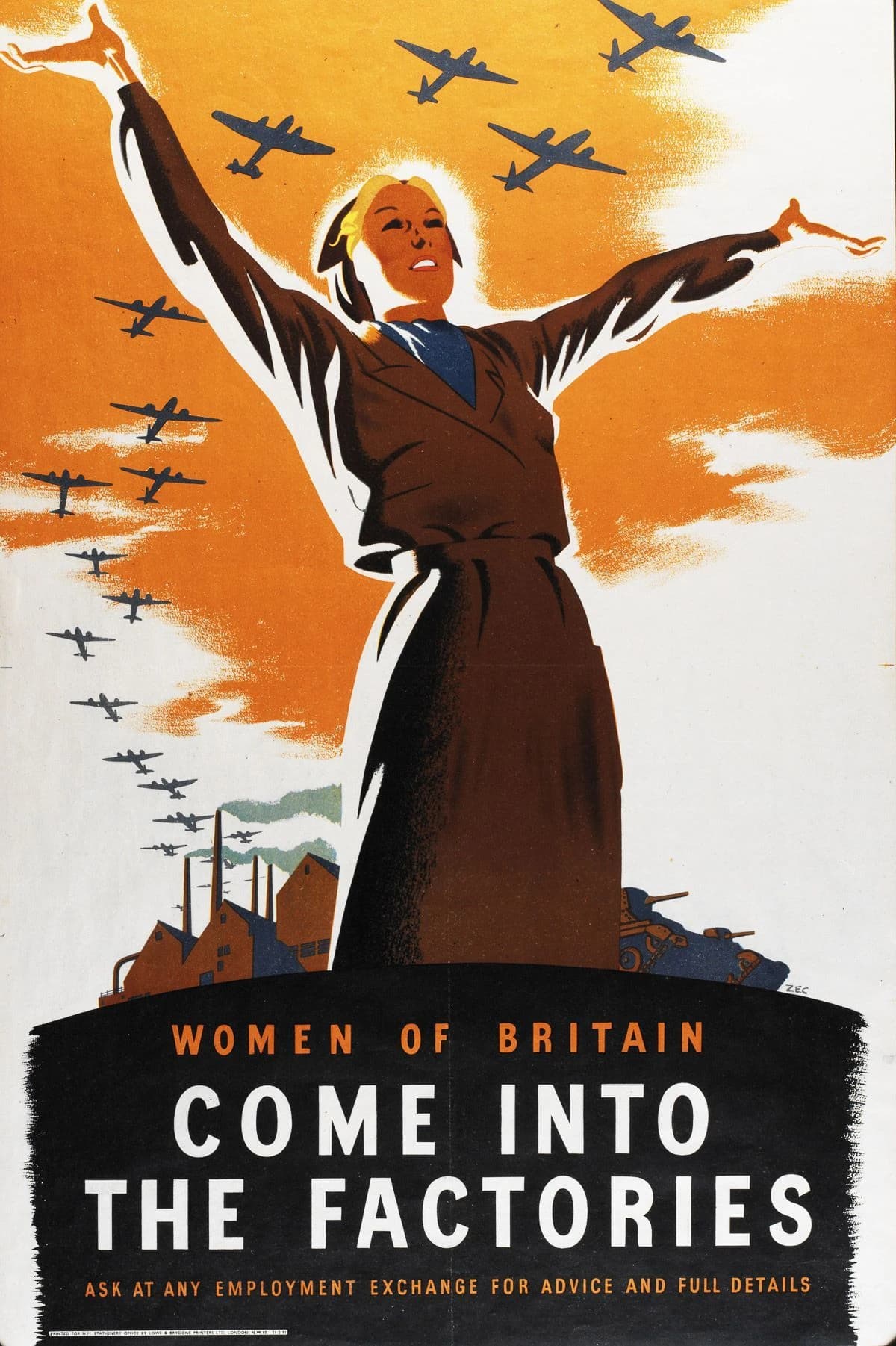 Vintage poster depicts a woman with outstretched arms above factories, surrounded by warplanes.