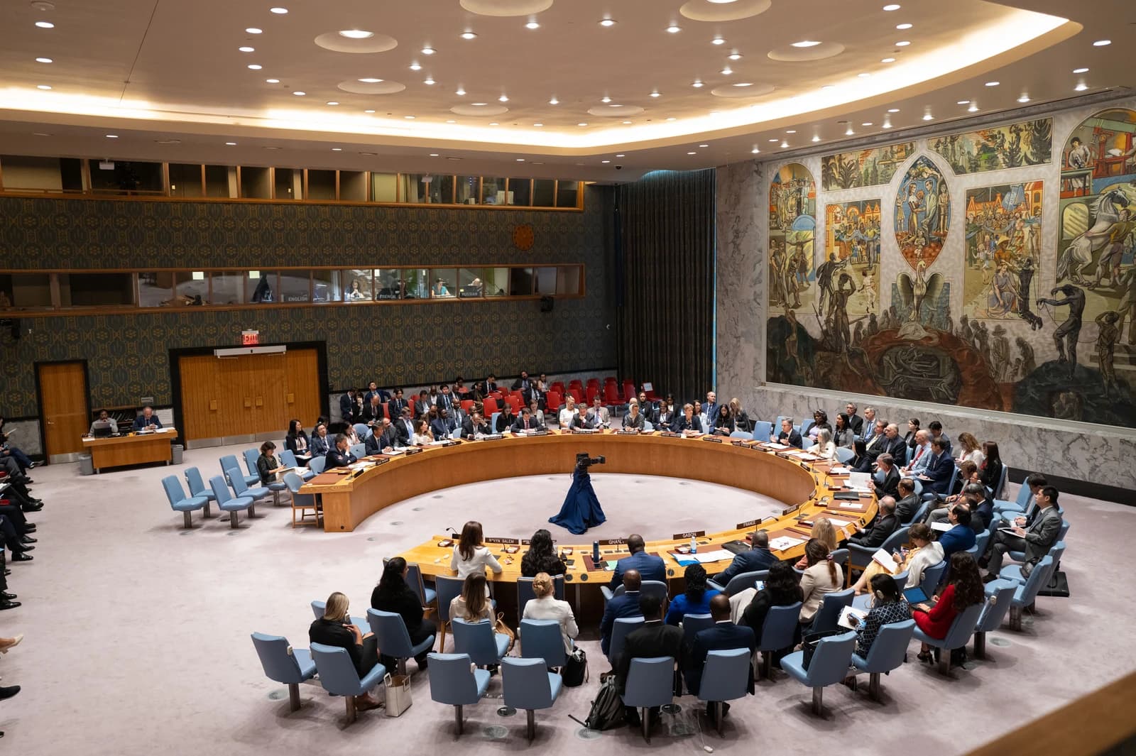 Secretary Blinken chairs a UN Security Council high-level meeting in a large chamber.