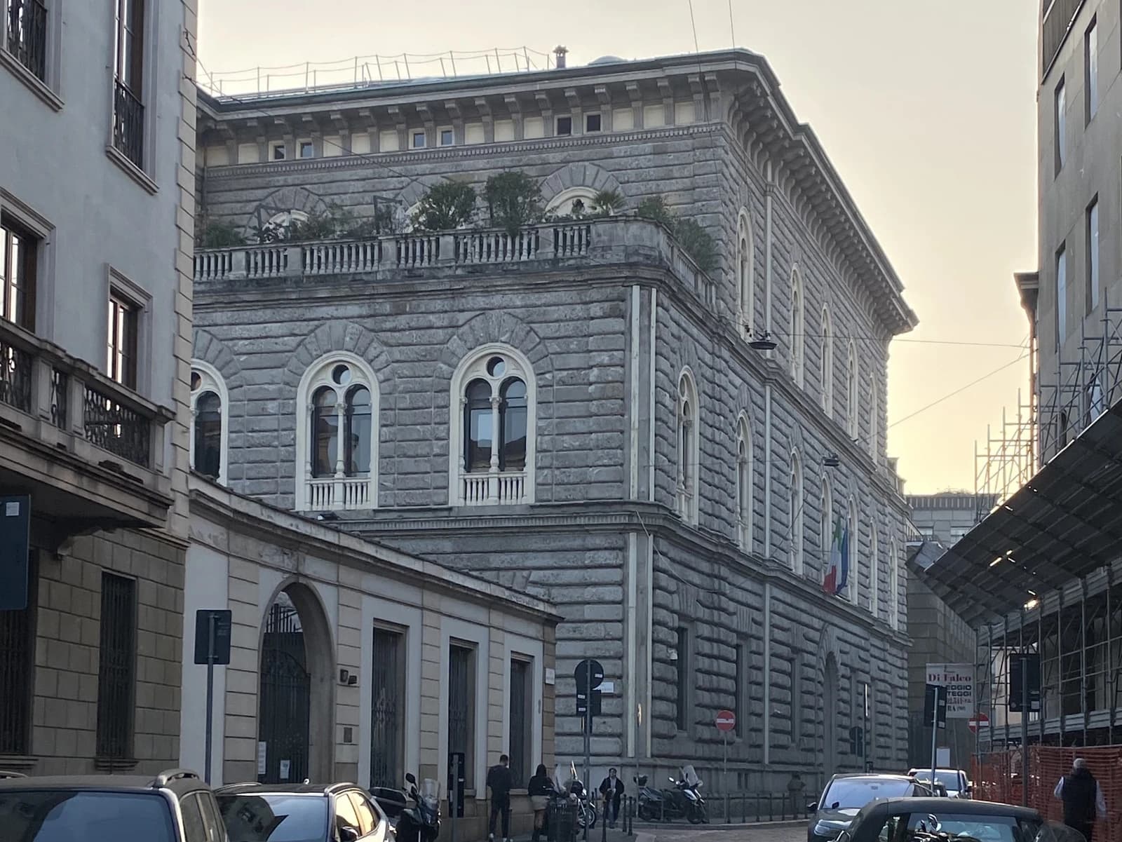 Milan stock exchange building, Palazzo Mezzanotte, on Piazza Affari with a street view.