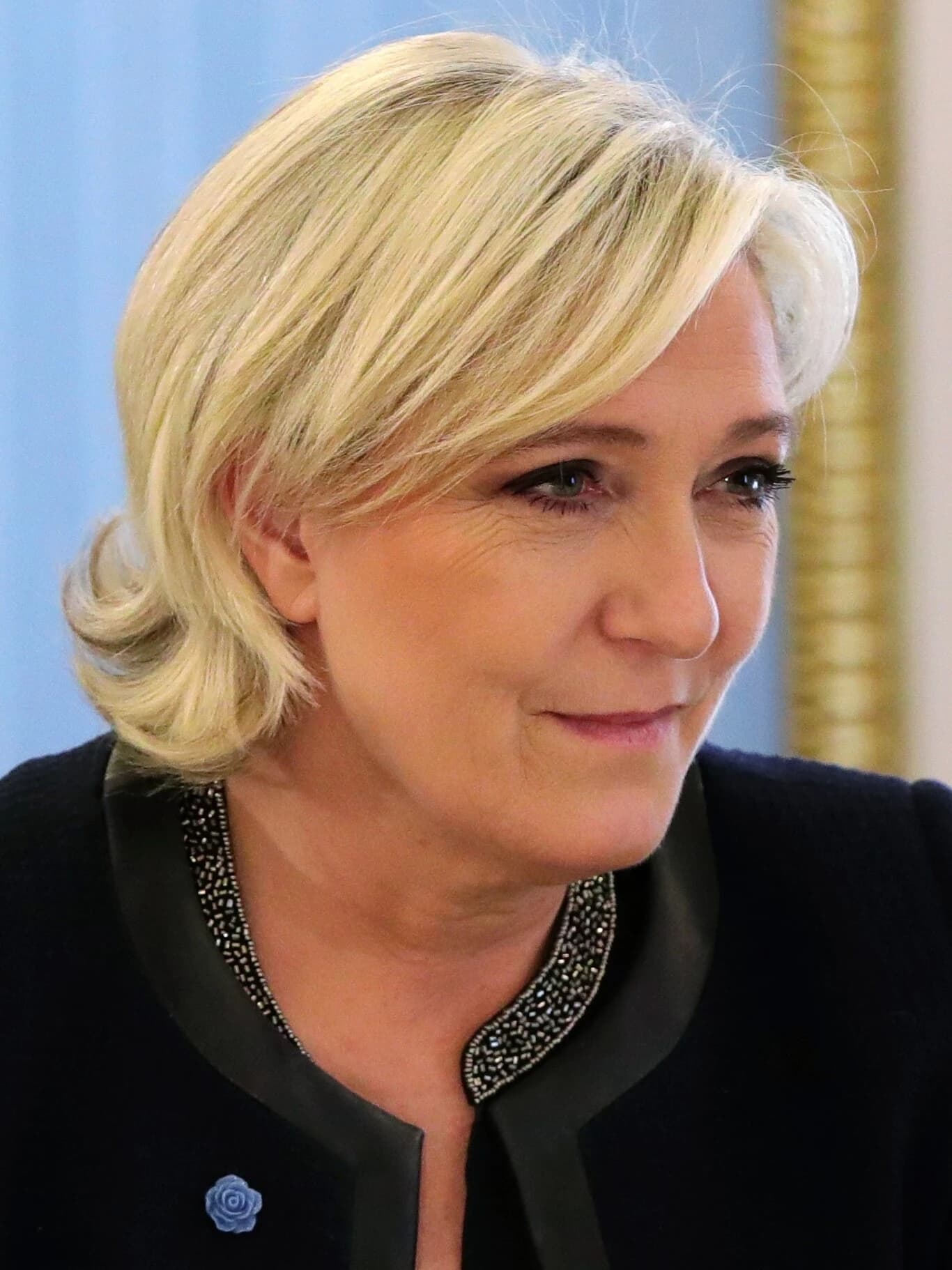 Marine Le Pen, French politician, looking slightly to her right in a close-up portrait.