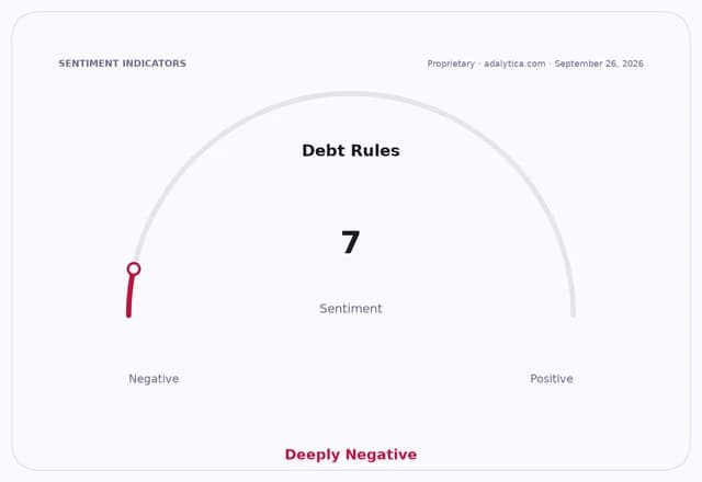 Sentiment gauge dial for 'Debt Rules' showing a deeply negative reading of 7.