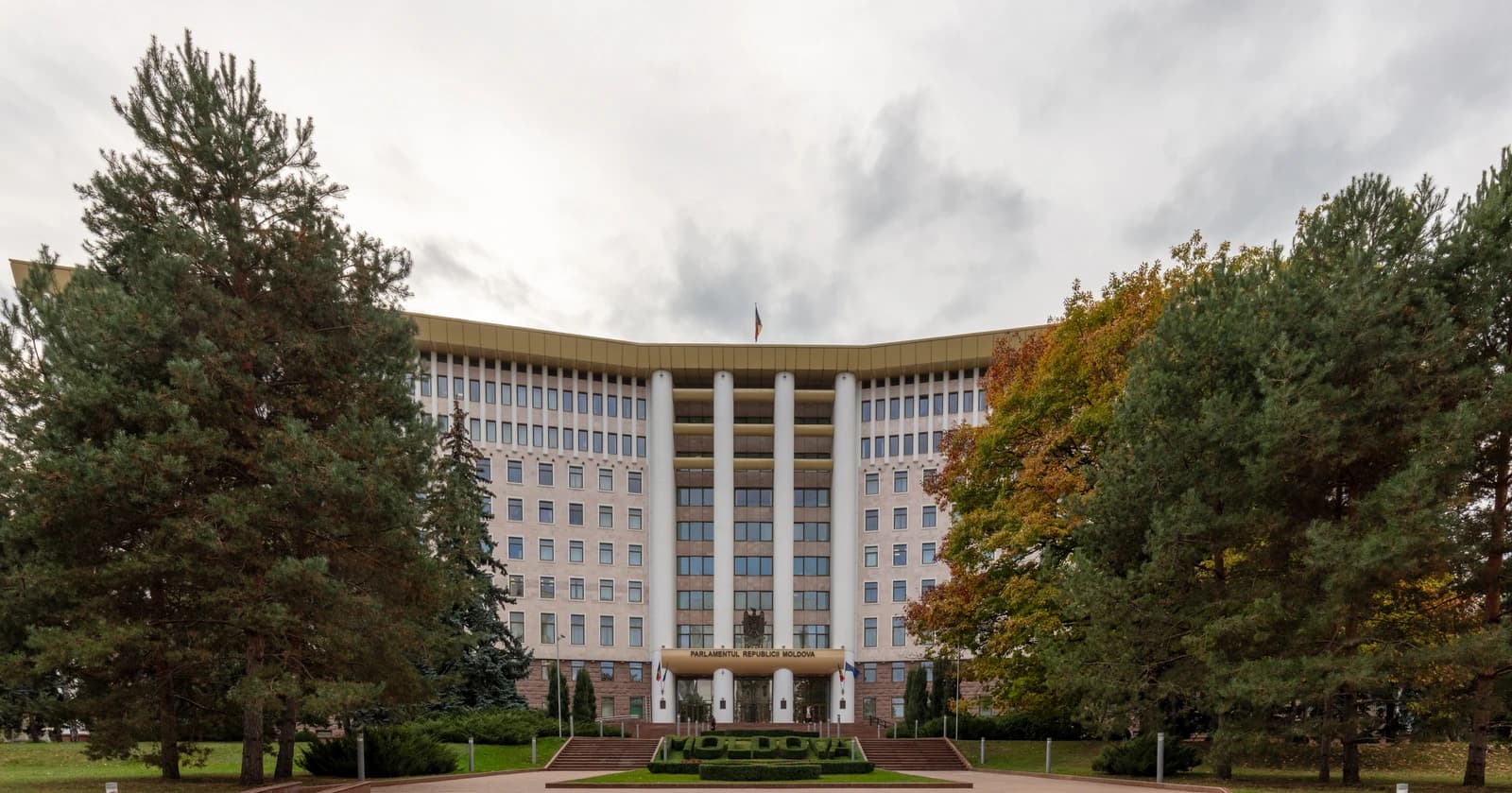 Exterior view of the Parliament of the Republic of Moldova building in Chișinău.