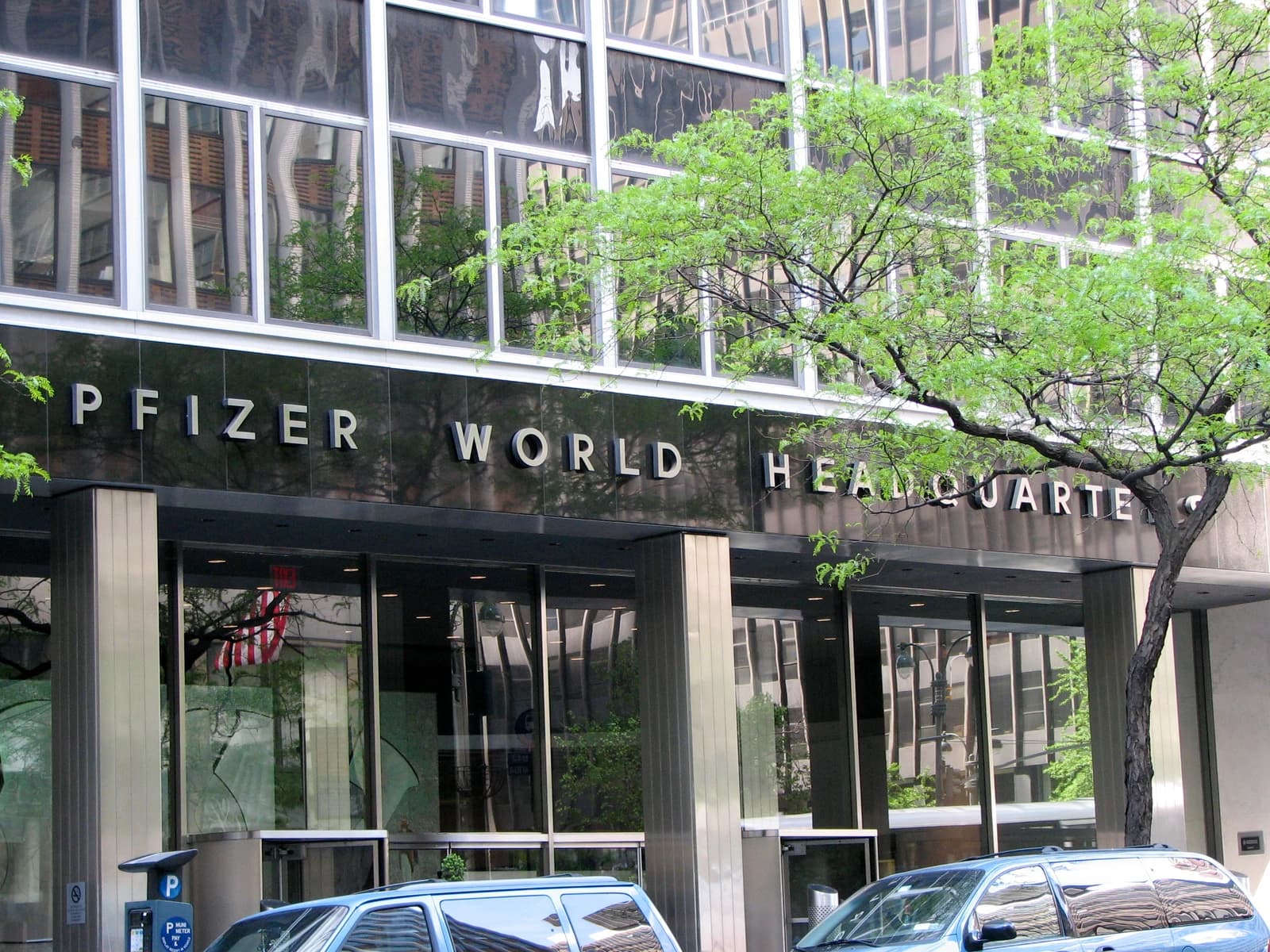 Exterior view of the Pfizer World Headquarters building in New York City.