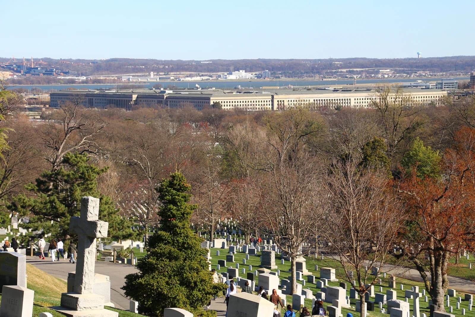 Aerial view of The Pentagon building across the Potomac River from Arlington National Cemetery.