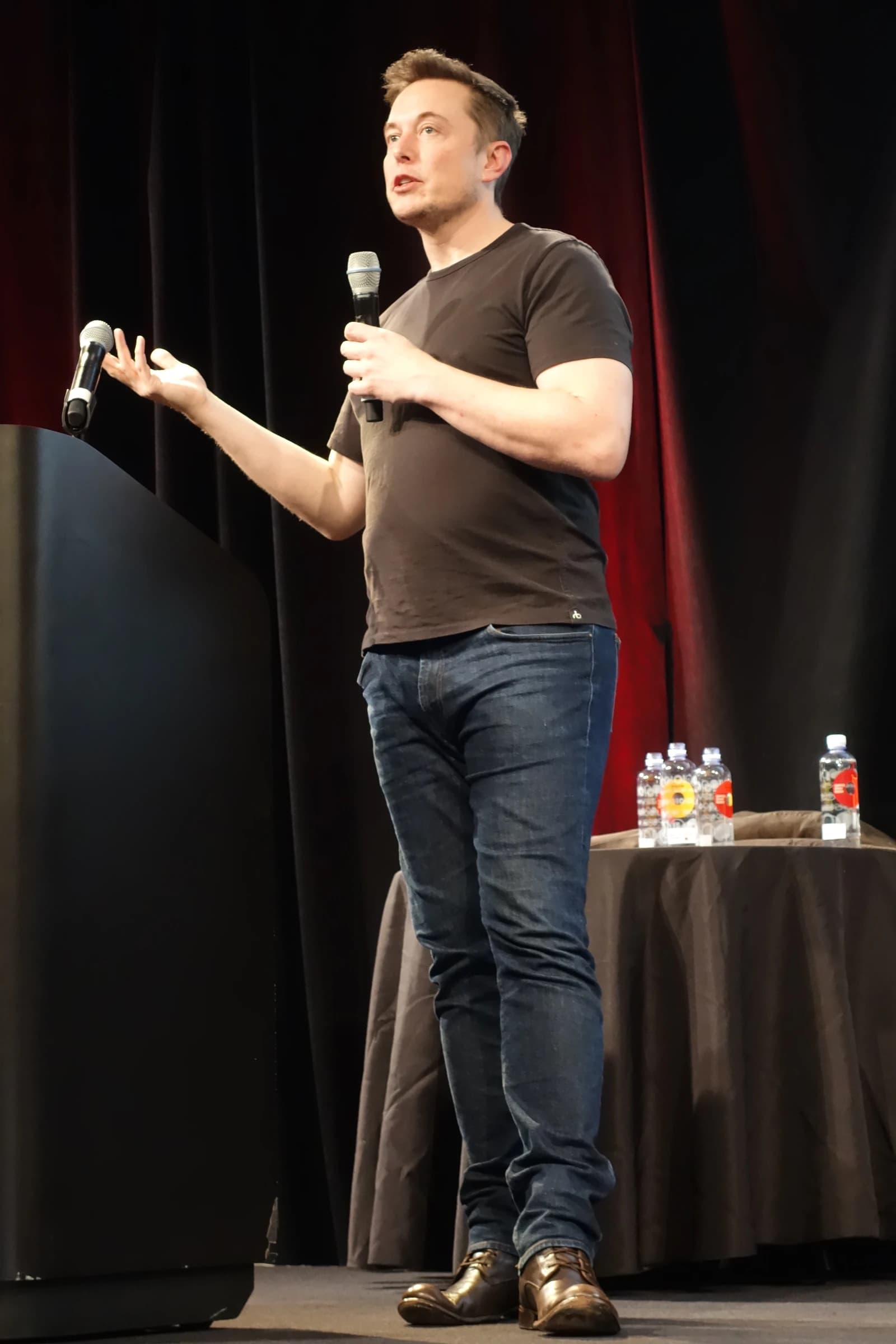 Elon Musk, CEO of Tesla, holding a microphone while speaking at a podium.