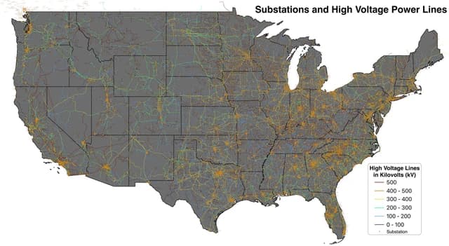 Map of the United States displaying the electrical grid with substations and power lines.