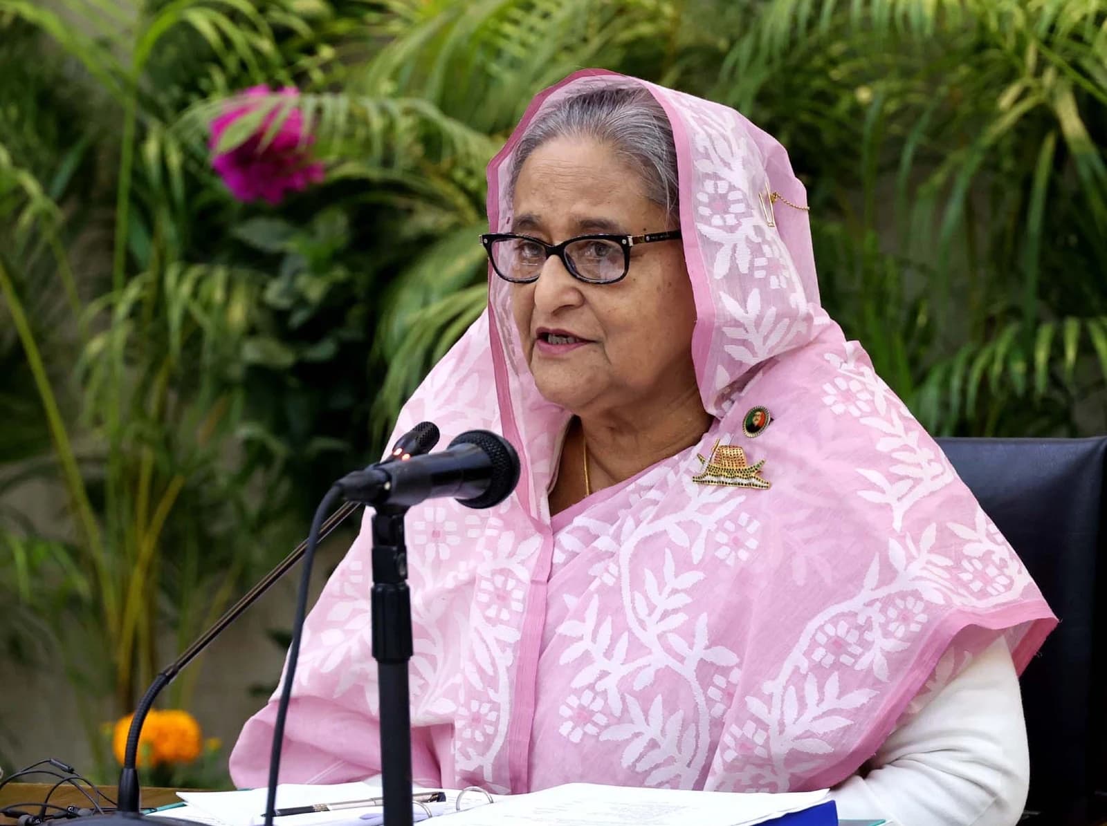 Sheikh Hasina, Prime Minister of Bangladesh, speaking at a meeting.