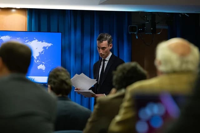Secretary of State Antony Blinken speaking at a press briefing in Washington.