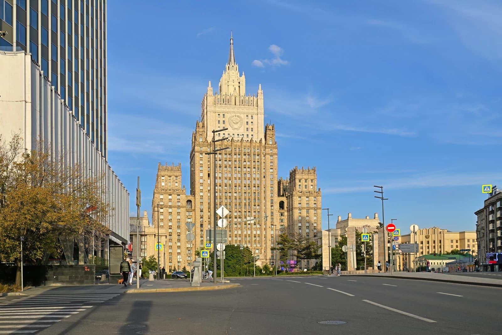 Building of the Russian Ministry of Foreign Affairs in Moscow under a clear blue sky.