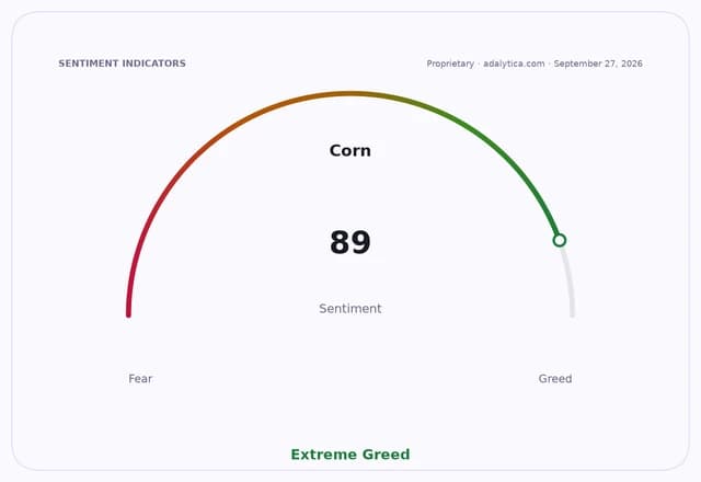 Corn sentiment gauge dial, reading 89, in the 'Extreme Greed' zone.