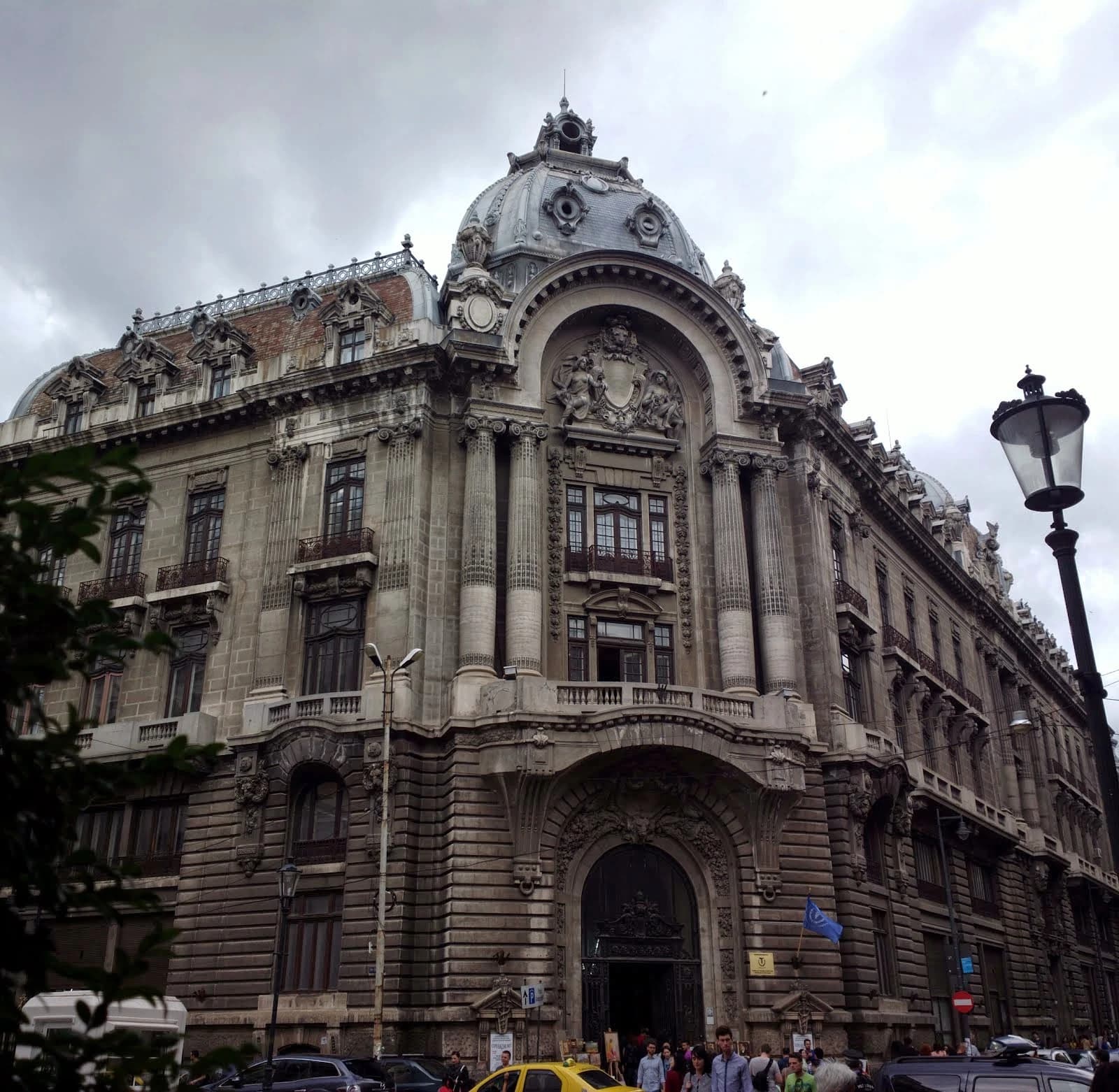 Exterior view of the Palace of the Stock Exchange, a large ornate building in Romania.