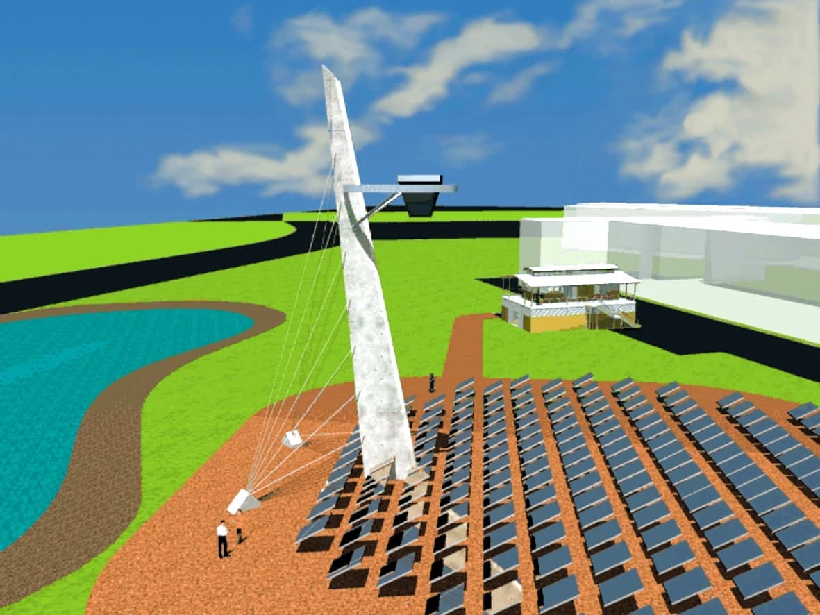 Digital rendering of a solar tower field with rows of panels and a central tower.