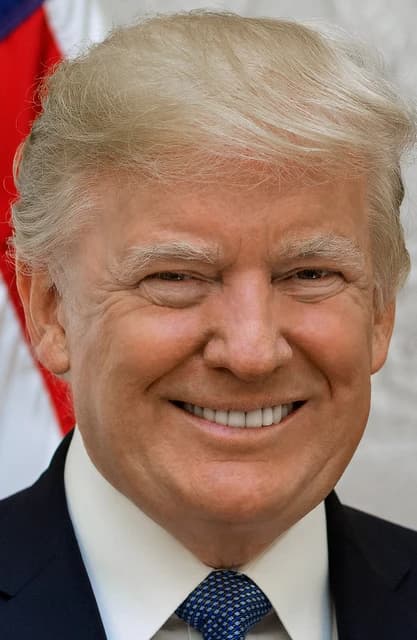 Donald Trump smiling in a close-up portrait with a flag in the background.