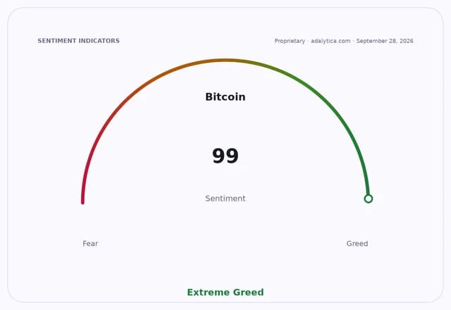 Bitcoin sentiment dial at 99, showing extreme greed, from adalytica.com.