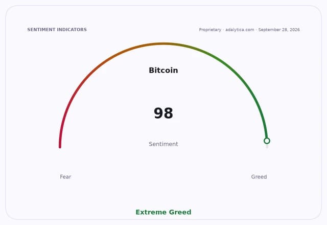 Bitcoin sentiment gauge dial showing 98, pointing to Extreme Greed.