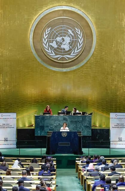 A woman speaks from a podium at the front of a UN General Assembly hall.