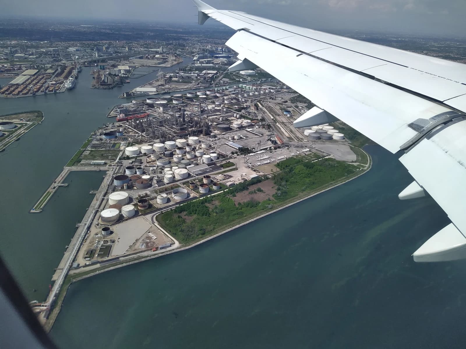 Aerial view showing the Eni oil refinery and storage tanks at Porto Marghera, Italy.
