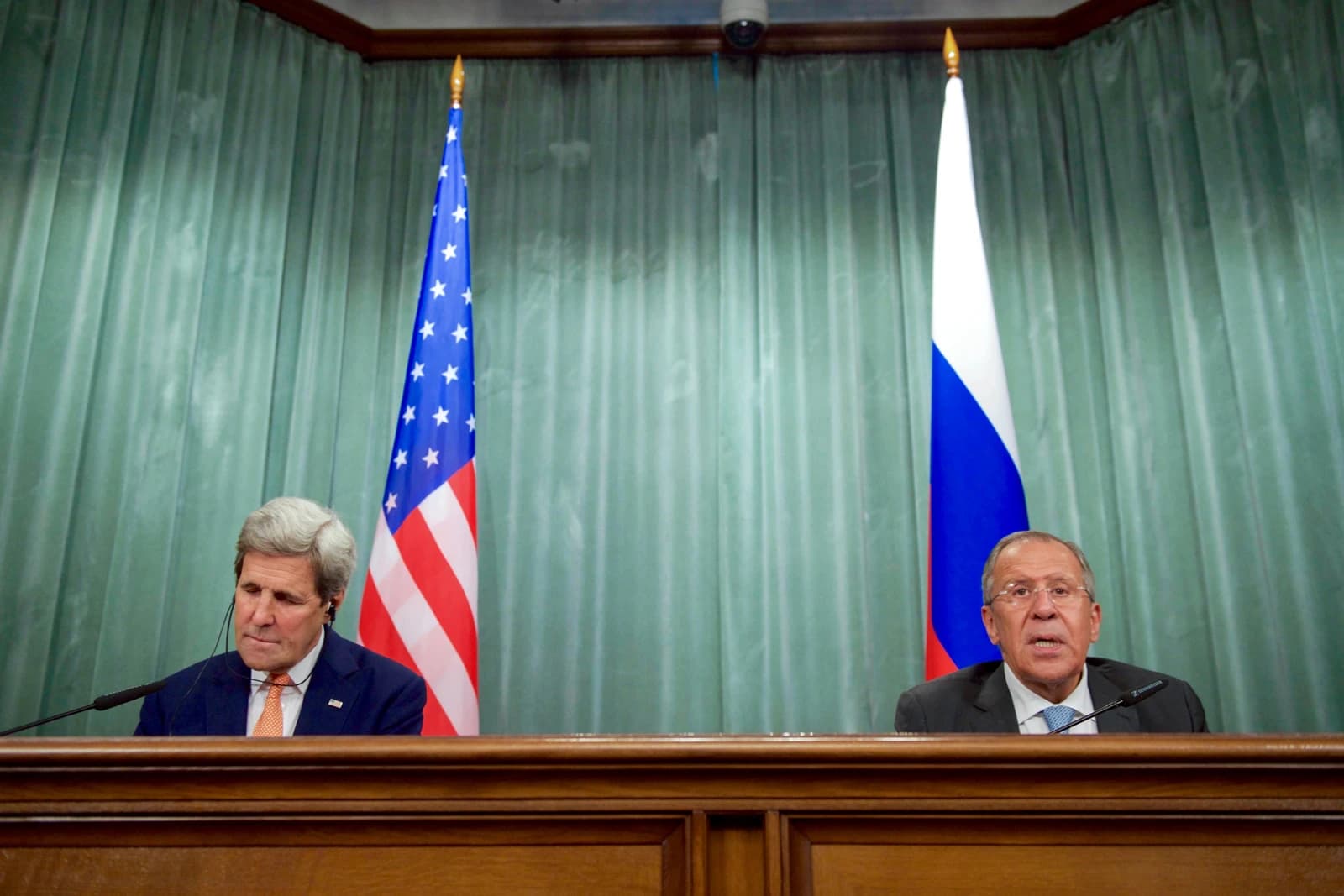 Russian Foreign Minister Sergey Lavrov addresses reporters at a press conference.
