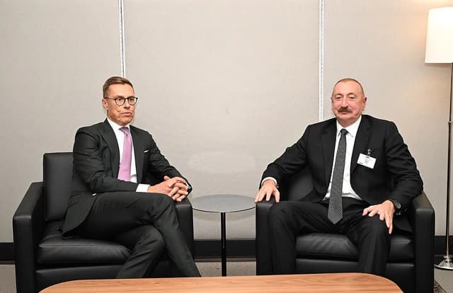 President Alexander Stubb of Finland sits opposite President Ilham Aliyev of Azerbaijan at the UN headquarters.