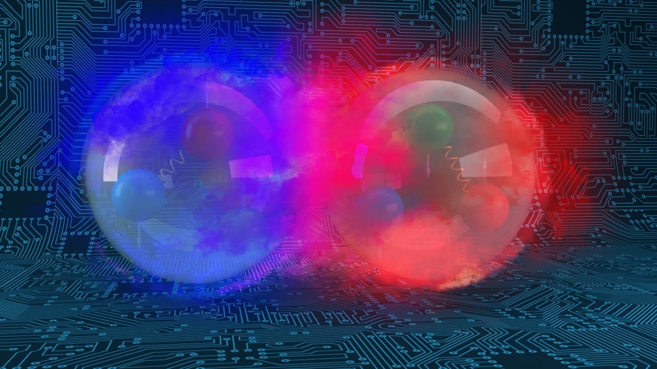 Conceptual image of two transparent spheres, one blue and one red, with circuit board patterns.