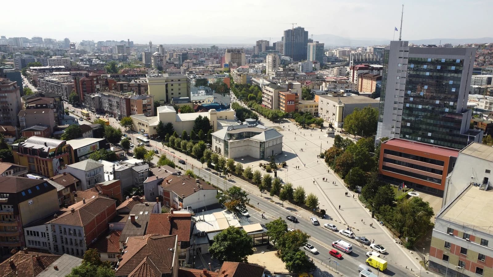 Aerial view of Ibrahim Rugova Square and the Government Building in Prishtina, Kosovo.