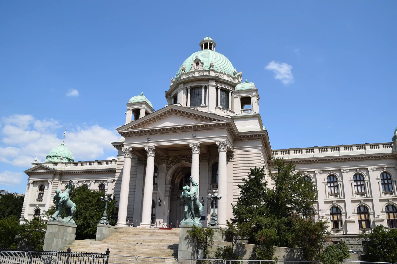 The Serbian Parliament building in Belgrade, a grand architectural structure with a dome.