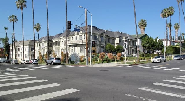 A street view of residential buildings with palm trees in Los Angeles, California.