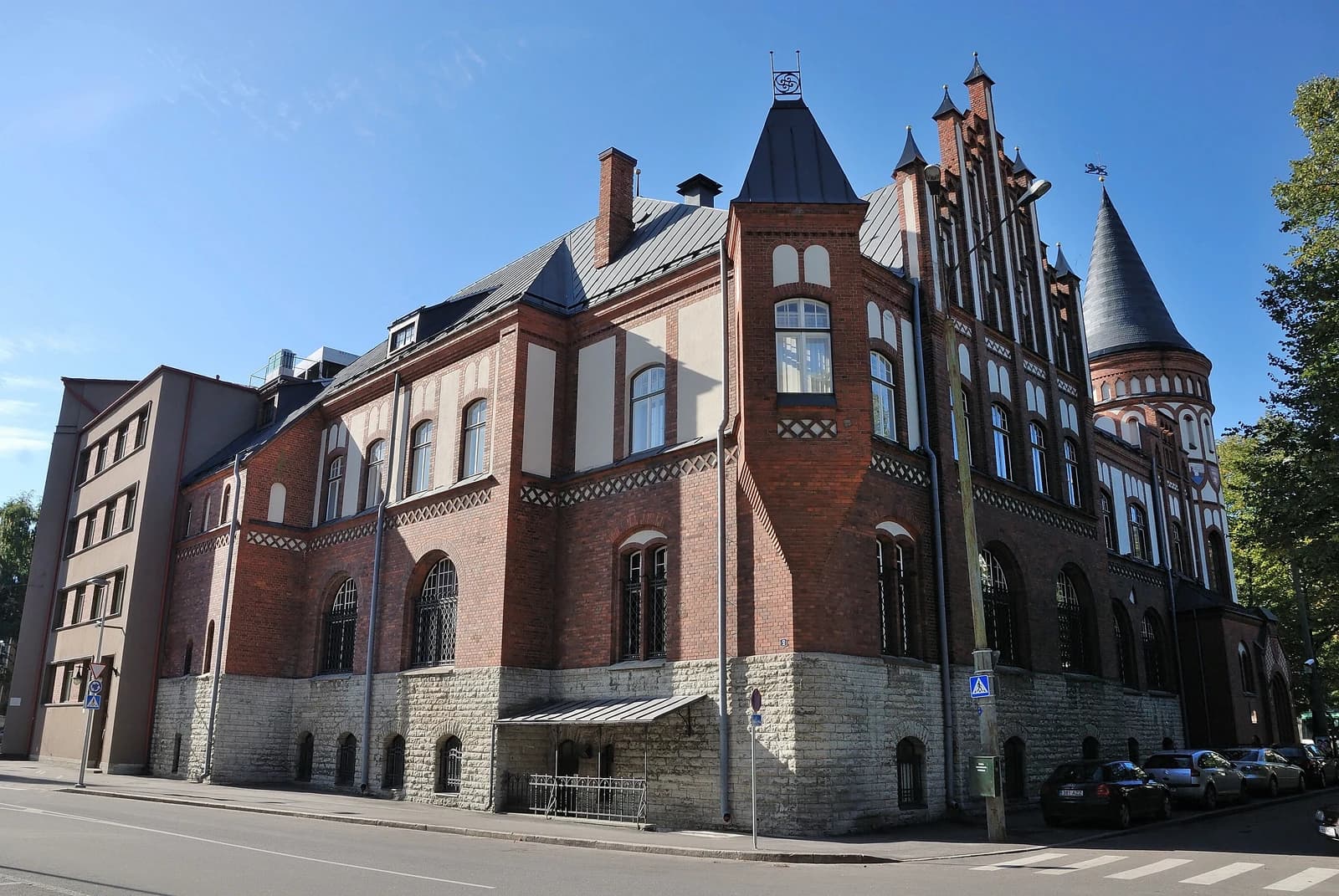 Exterior view of the historic brick and stone building of Eesti Pank, Estonia's central bank.