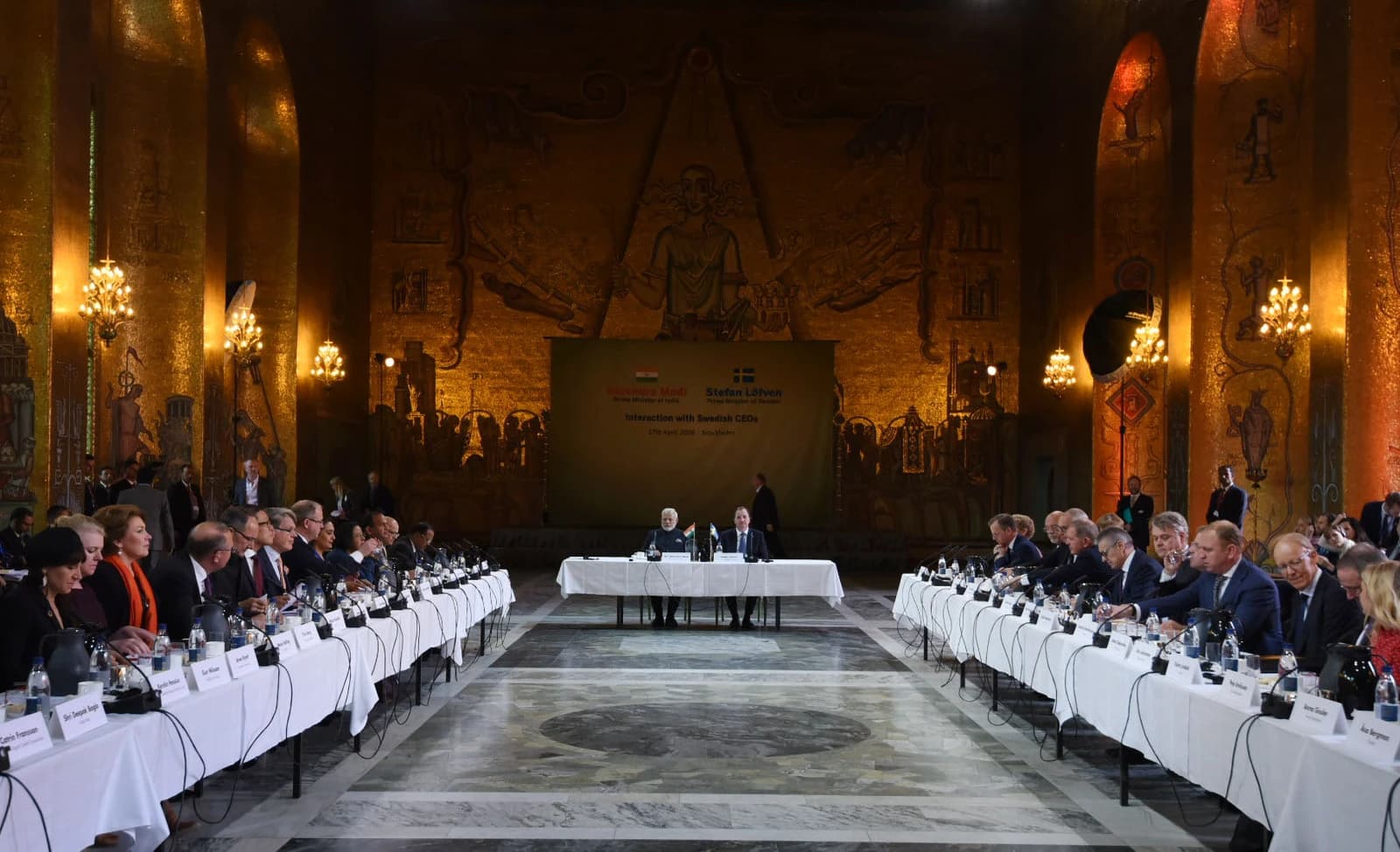 Indian Prime Minister Narendra Modi and Swedish Prime Minister Stefan Lofven at a business meeting.