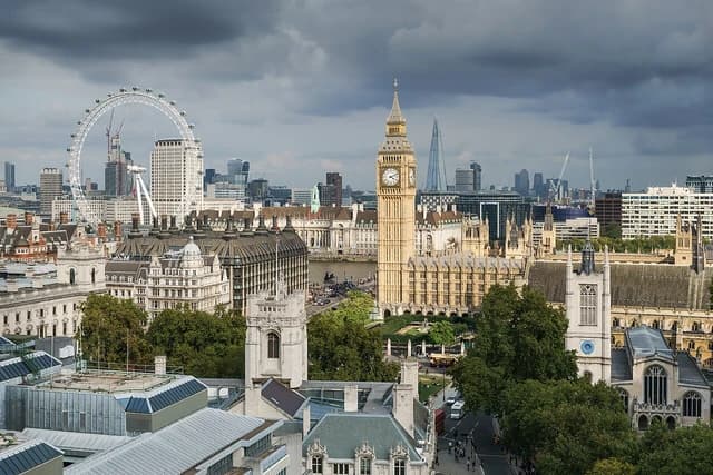 Aerial view of the Palace of Westminster from Methodist Central Hall, London.