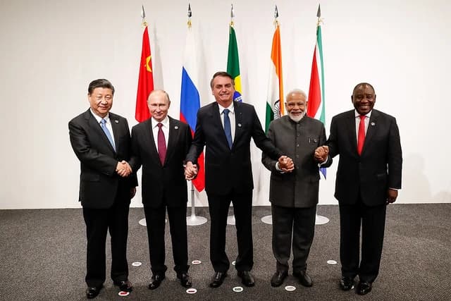 BRICS leaders pose for a photograph during a 2019 G20 Summit informal meeting.