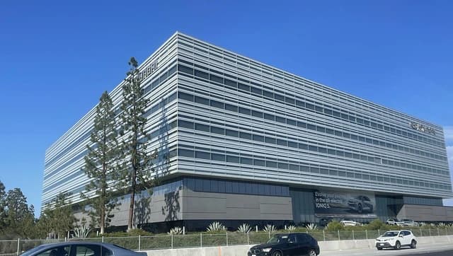 Hyundai Motor America headquarters building in Fountain Valley, California, on a sunny day.