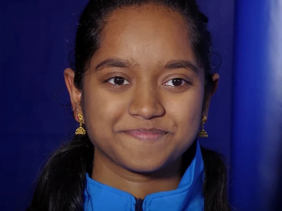 Elavenil Valarivan, Indian sport shooter, looks towards the camera.