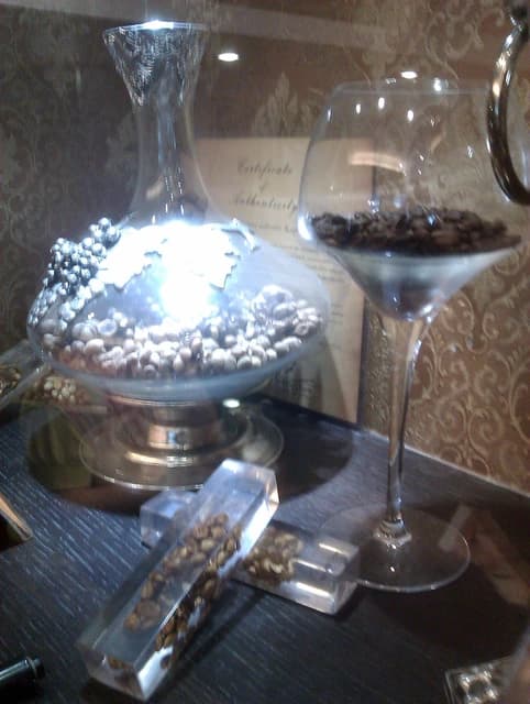 Luwak coffee beans in a display case at an upscale coffee shop.